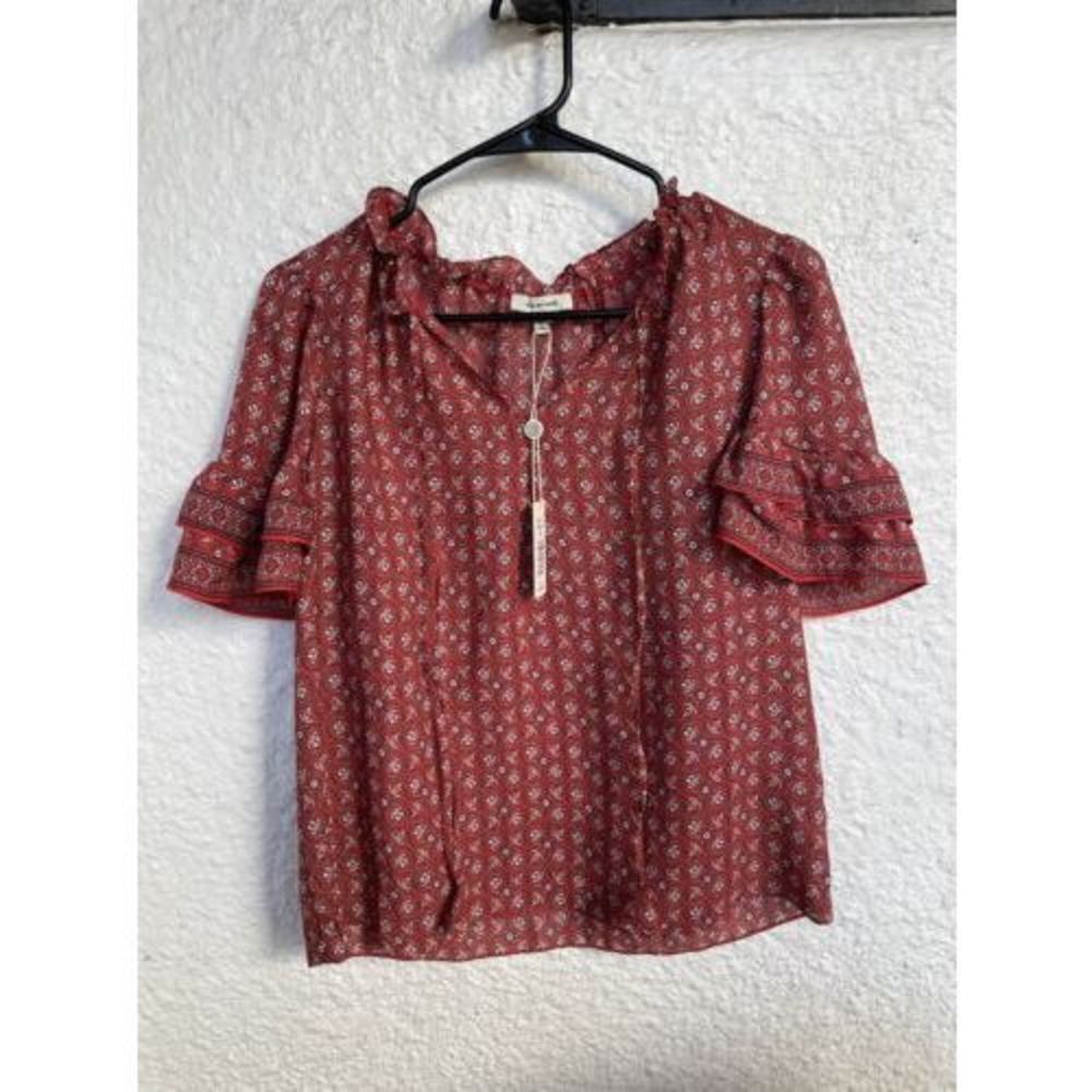 Max Studio Shirt Womens Small Red Blouse Ruffle Sleeve
